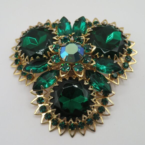 Judy Lee Vintage Green Rhinestone Gold Tone Brooch - Picture 3 of 9
